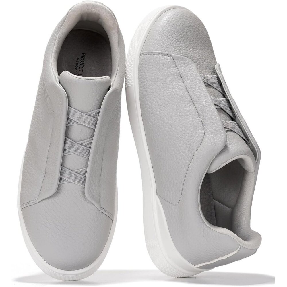 ⚡ Men Grey Faux Leather Memory Foam Insole Lightweight Non Slip Sneakers